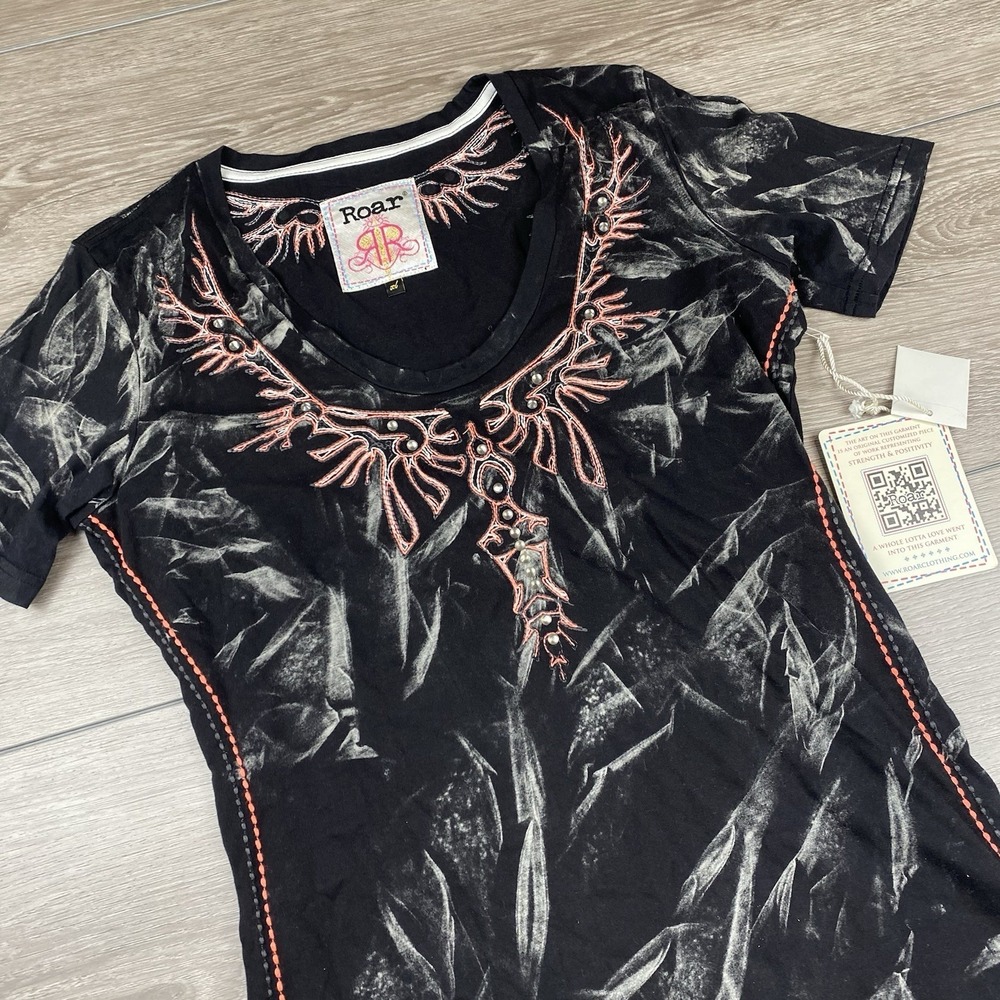 Roar Women's Embellished Embroidered Short Sleeve Shirt Fired Up Black XL New